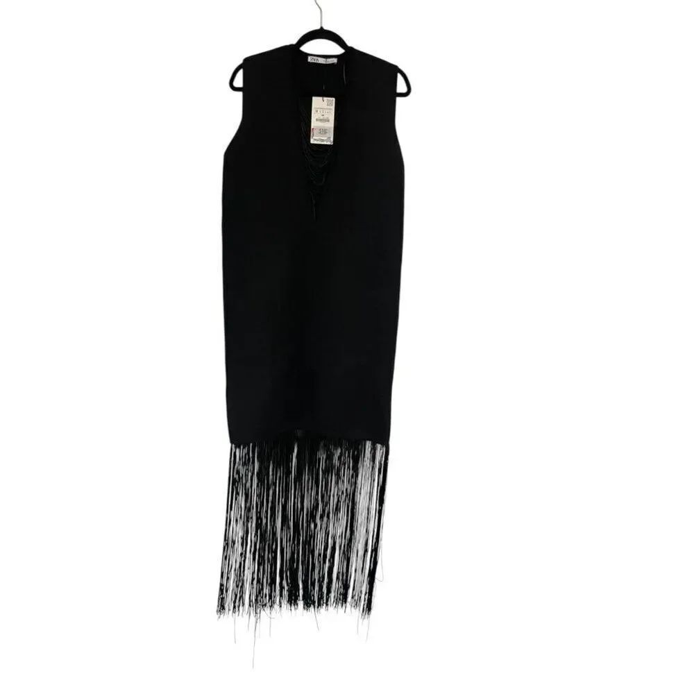 Zara Womens Fringe Midi Dress M Medium Black Sleeveless V-Neck 4192/127 NWT